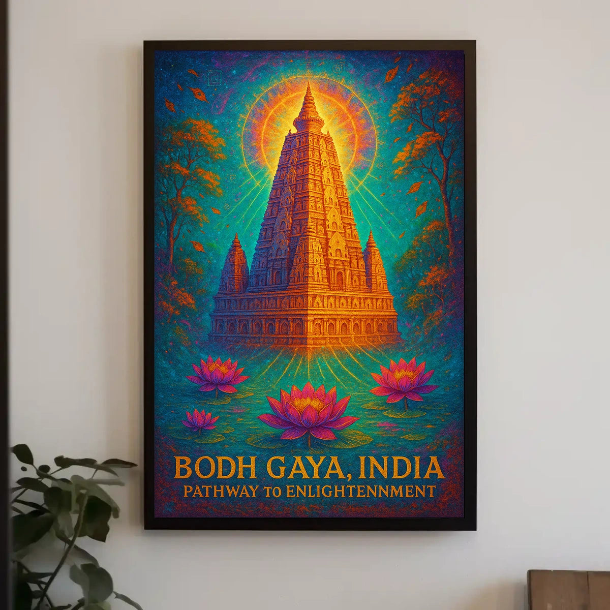 Bodh Gaya Spiritual Enlightenment Poster with Lotus Flowers