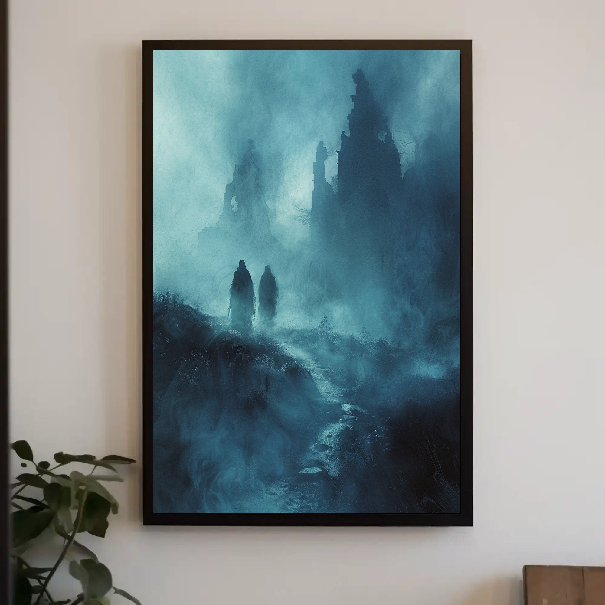 Eerie Misty Landscape with Shadowy Figures Fantasy Poster PosterGoat