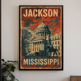 Jackson Mississippi Vintage Patriotic Architecture Capitol Building Heritage Horse Statue Eighties Typography Poster