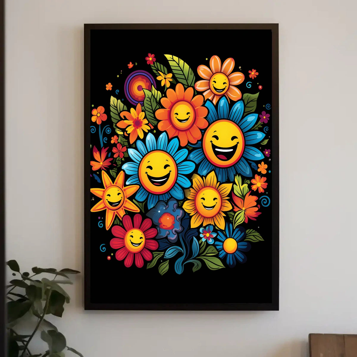 Joyful Floral Faces: Whimsical Art Poster Print