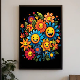 Joyful Floral Faces: Whimsical Art Poster Print