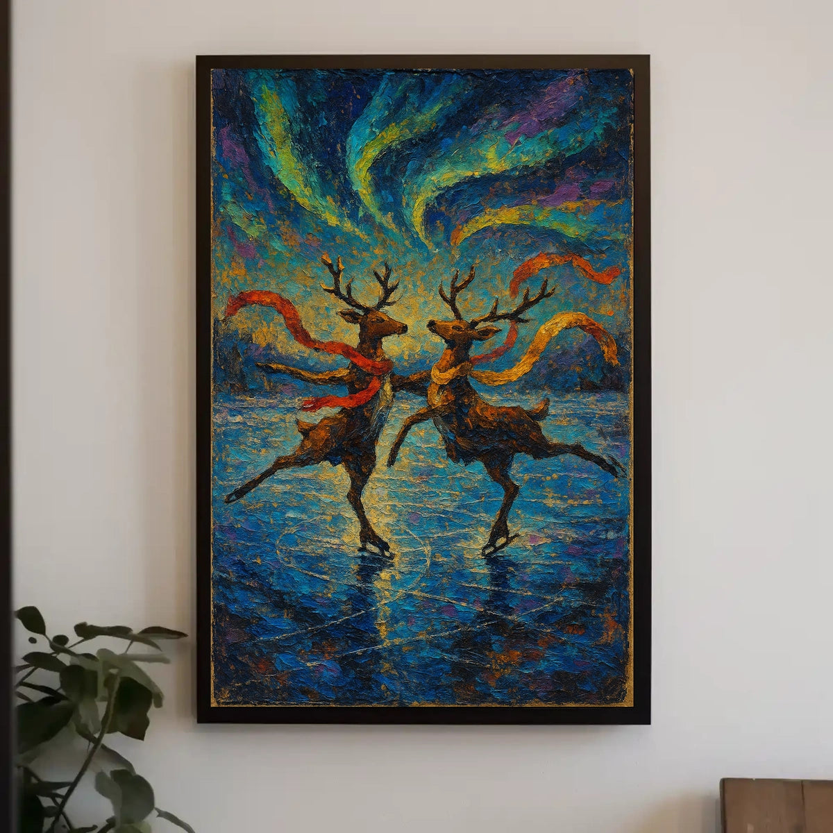 Vibrant Reindeer Skating Aurora Borealis Artistic Poster