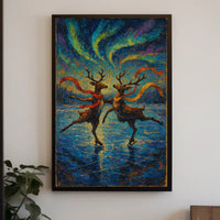 Vibrant Reindeer Skating Aurora Borealis Artistic Poster