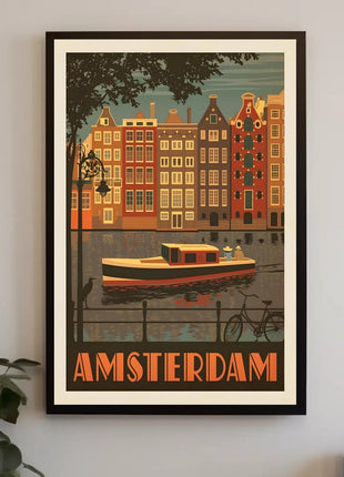 Amsterdam Vintage Travel Poster Depicting Retro Canal Scene