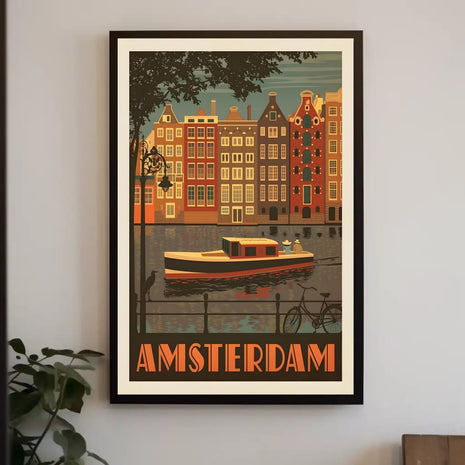 Amsterdam Vintage Travel Poster Depicting Retro Canal Scene