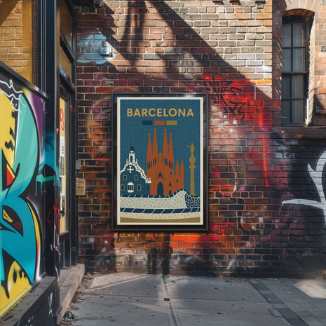 Barcelona Iconic Landmarks Vintage Travel Poster