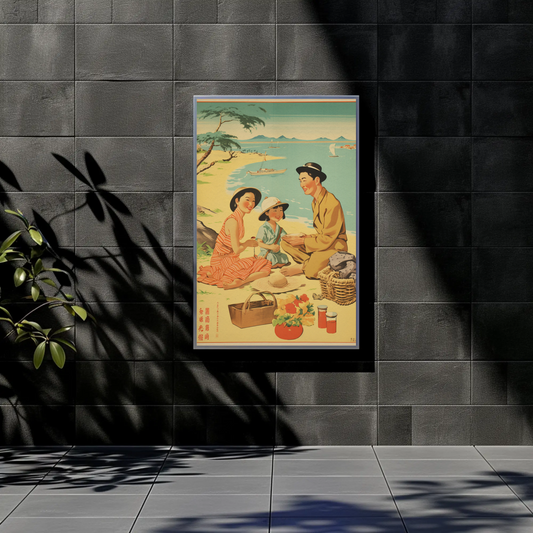 Japanese Family Picnic Seaside Summer Vintage Travel Poster