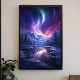 Aurora Over Alpine River: Abstract, Artistic, or Pop Culture Poster