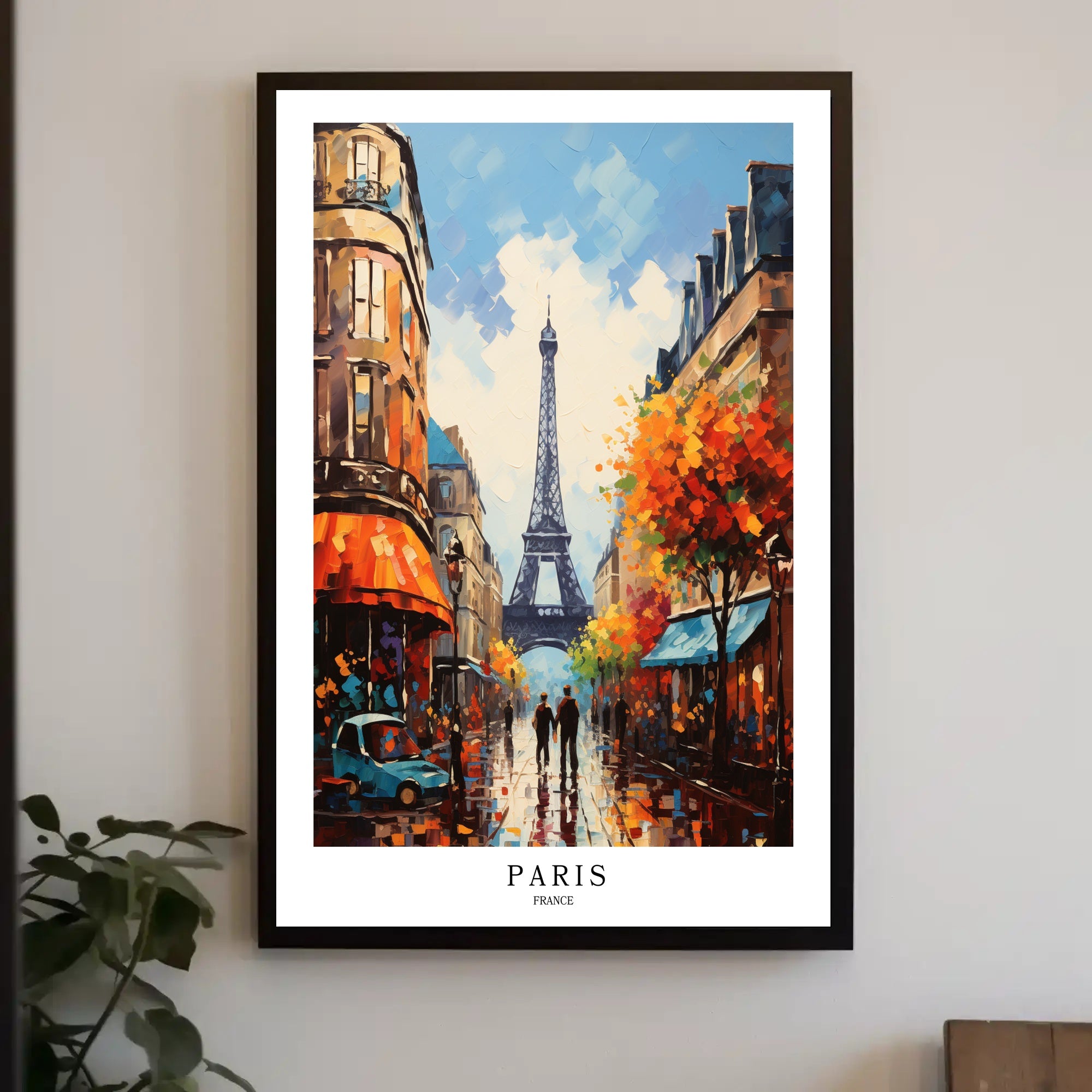 Parisian Street with Eiffel Tower Urban Cityscape Poster PosterGoat