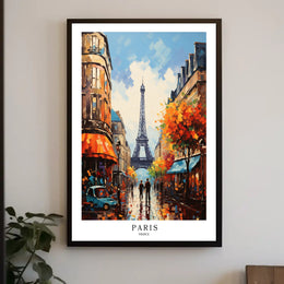Parisian Street with Eiffel Tower Urban Cityscape Poster PosterGoat