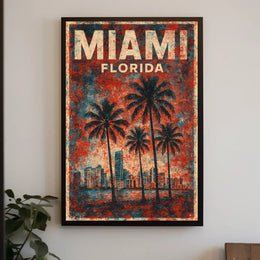 Miami Retro Vibes Vintage Cityscape Travel Art Deco Coastal Nostalgic Urban Sunset Poster