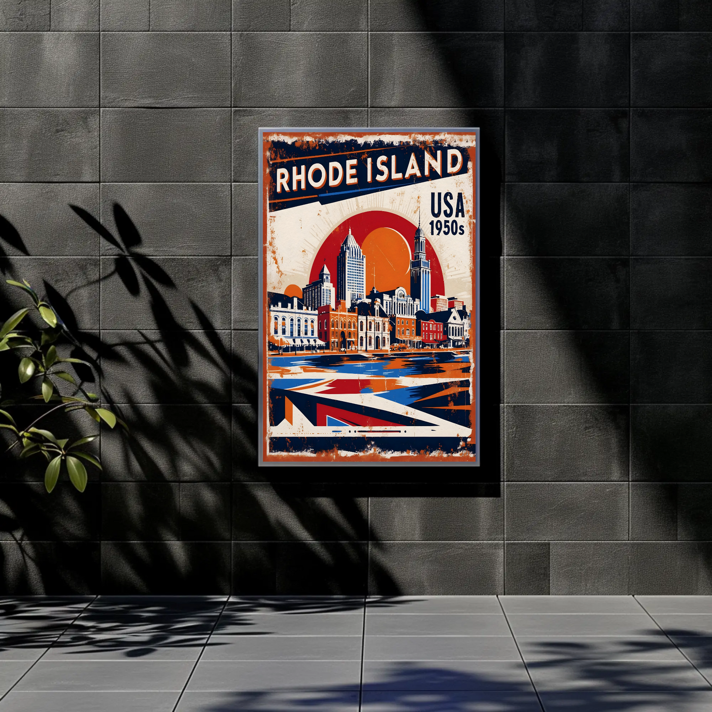 Rhode Island USA 1950s Waterfront Skyline Vintage Travel Poster