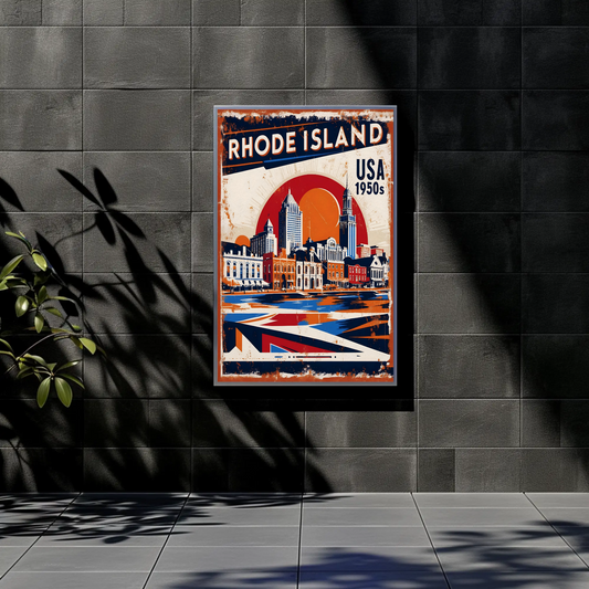 Rhode Island USA 1950s Waterfront Skyline Vintage Travel Poster