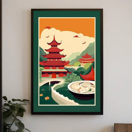 Title: Serene Asian Landscape with Culinary Fusion Poster