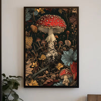 Lush Forest Floor with Enchanting Mushroom Fantasy Poster