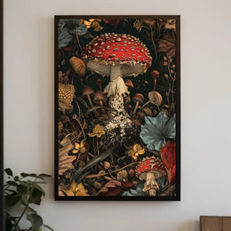 Lush Forest Floor with Enchanting Mushroom Fantasy Poster