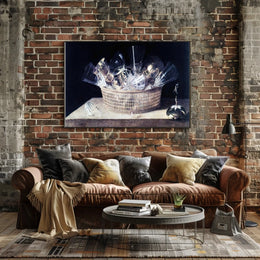 This poster features a classic still life painting with a focus on a Travel Poster