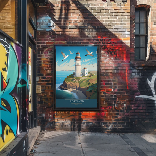 Portland Coastal Lighthouse and Seagulls Travel Poster