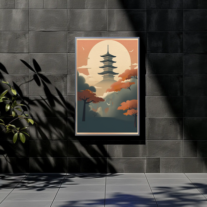 Sunset Pagoda Japan Mountain Haze Vintage Travel Poster