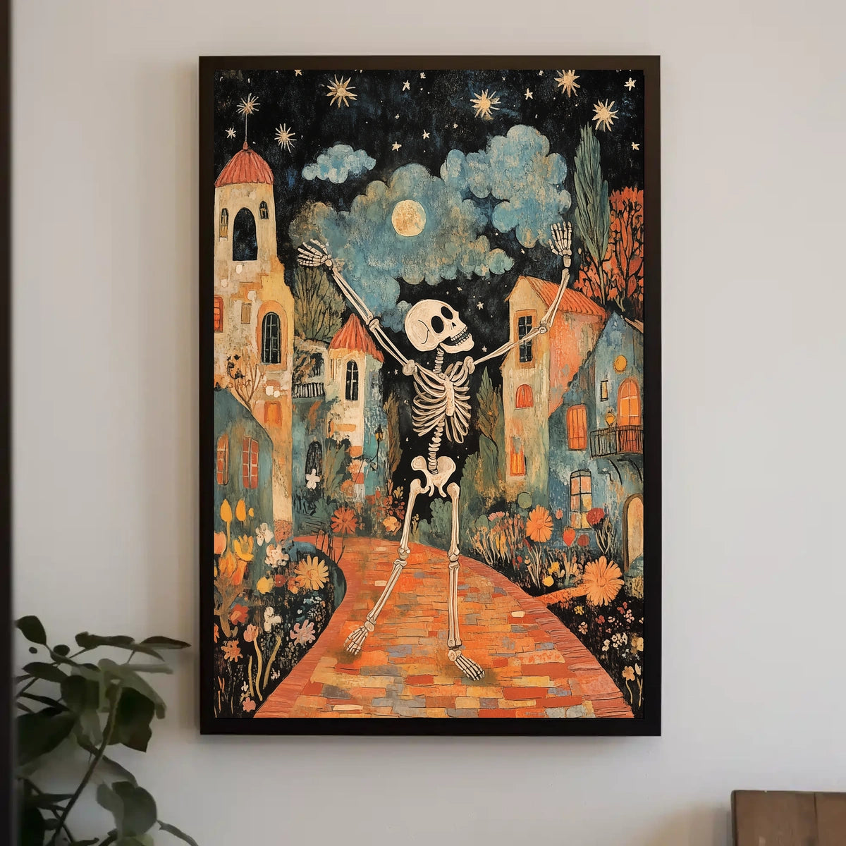Dancing Skeleton Joyful Starry Night Whimsical Poster