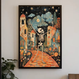 Dancing Skeleton Joyful Starry Night Whimsical Poster
