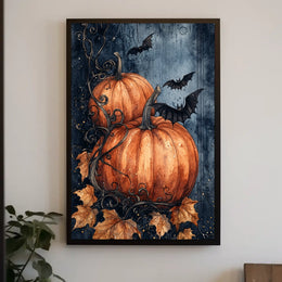 Stylized Halloween Pumpkins with Bats Decorative Art Poster