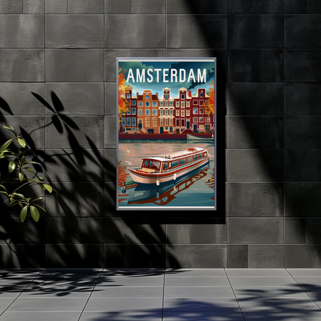 Amsterdam Canal Boat Illustration Vintage Style Poster