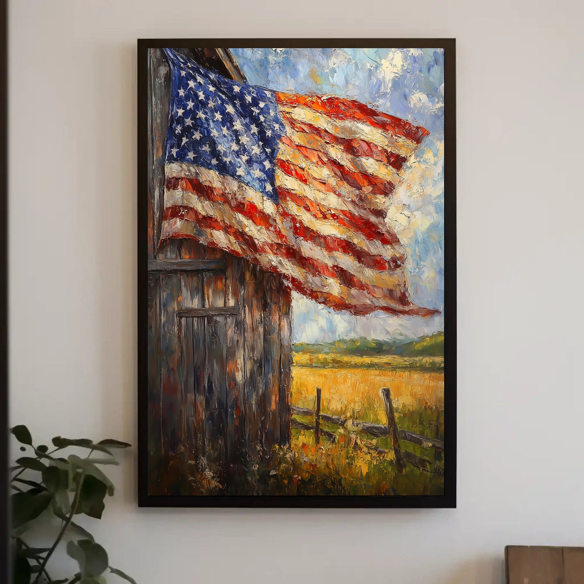 Flag Draped Rustic Wooden Barn Landscape With Fence Poster