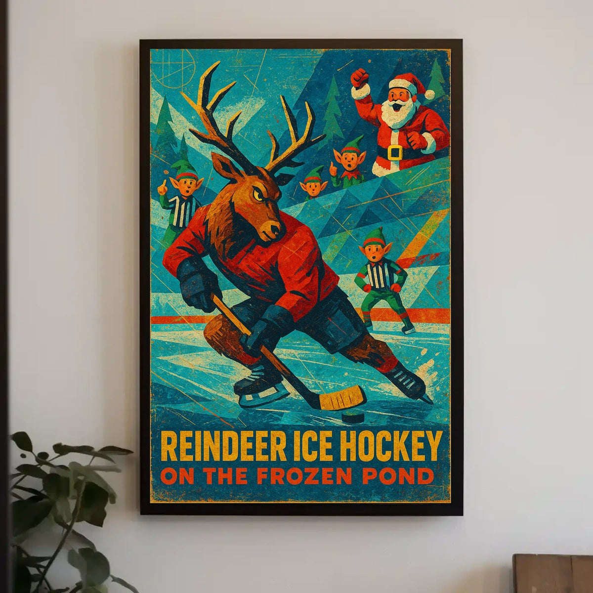Reindeer Ice Hockey Holiday Fun Sports Poster