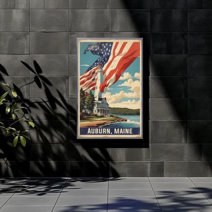 Auburn Maine Lighthouse Coastal Home Vintage Travel Poster