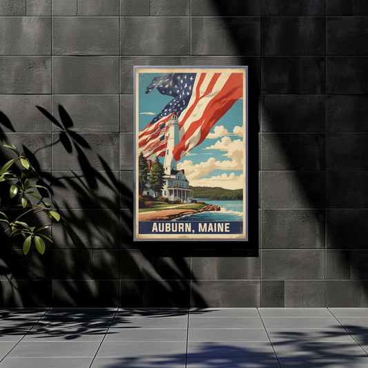 Auburn Maine Lighthouse Coastal Home Vintage Travel Poster