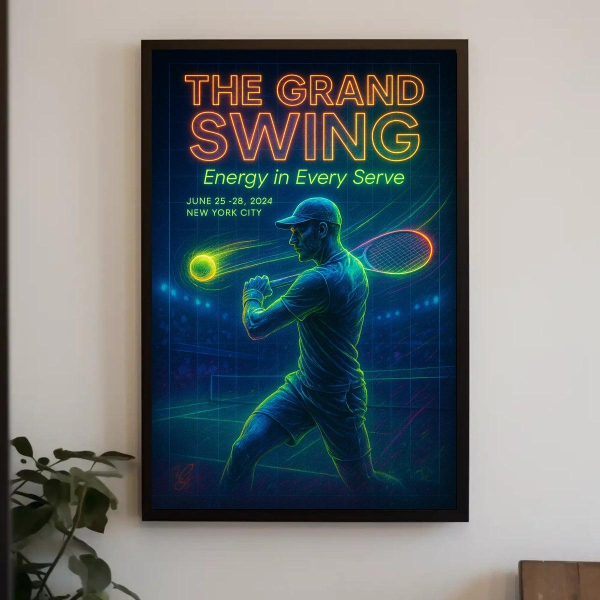 The Grand Swing Neon Tennis Event Poster Retro Wall Art