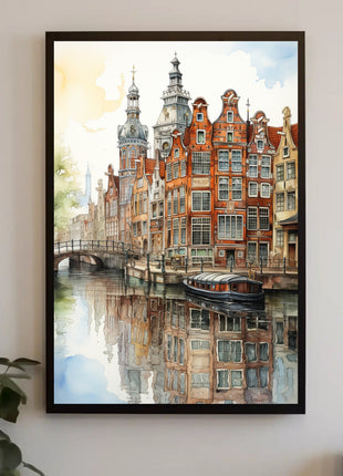 Amsterdam Canal Cityscape Watercolor Travel Poster