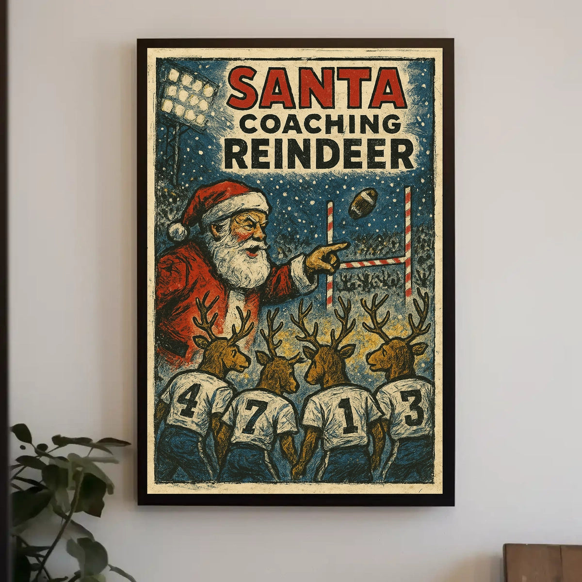 Santa's Reindeer Football Team Vintage Poster