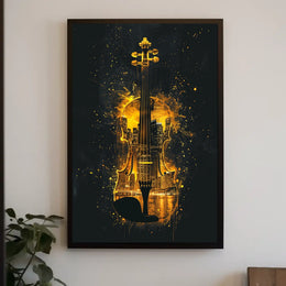 Golden Urban Cityscape Melodic Symphony Violin Silhouette Art Deco Impressionism Elegance Poster