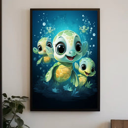 Adorable Sea Turtles Underwater Cartoon Poster Print