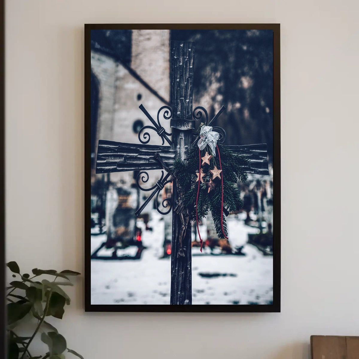 Winter Cemetery Scene with Wreath and Cross Poster