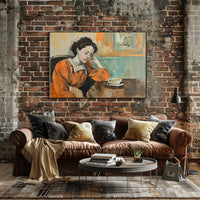 Contemplative Woman in Orange Dress Art Poster