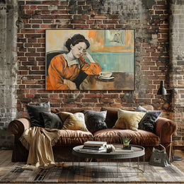Contemplative Woman in Orange Dress Art Poster