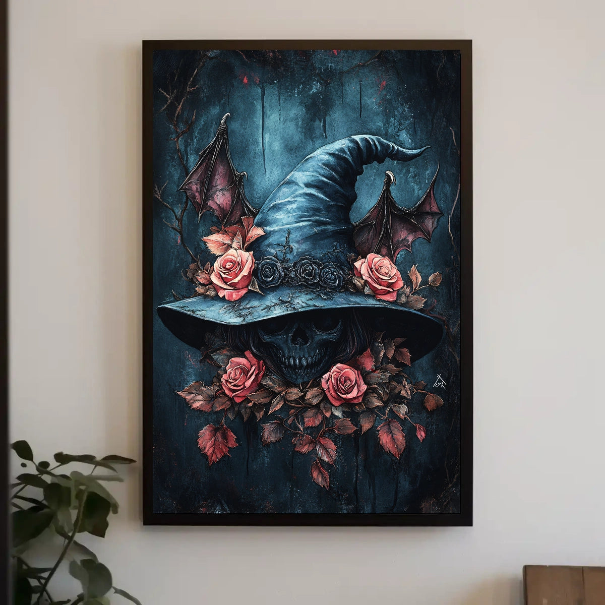 Mystical Skull and Roses Witch Hat Artistic Poster