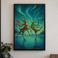 Whimsical Ice Skating Reindeer Northern Lights Fantasy Poster