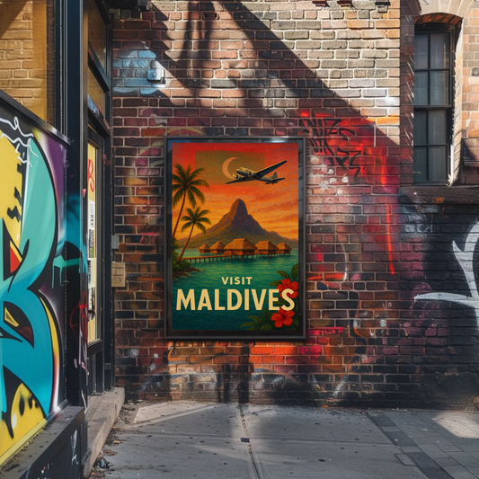 Visit Maldives Sunset Overwater Bungalows Travel Poster