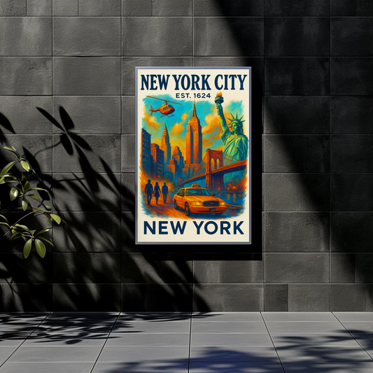 New York City Skyline Taxi Liberty Vintage Travel Poster