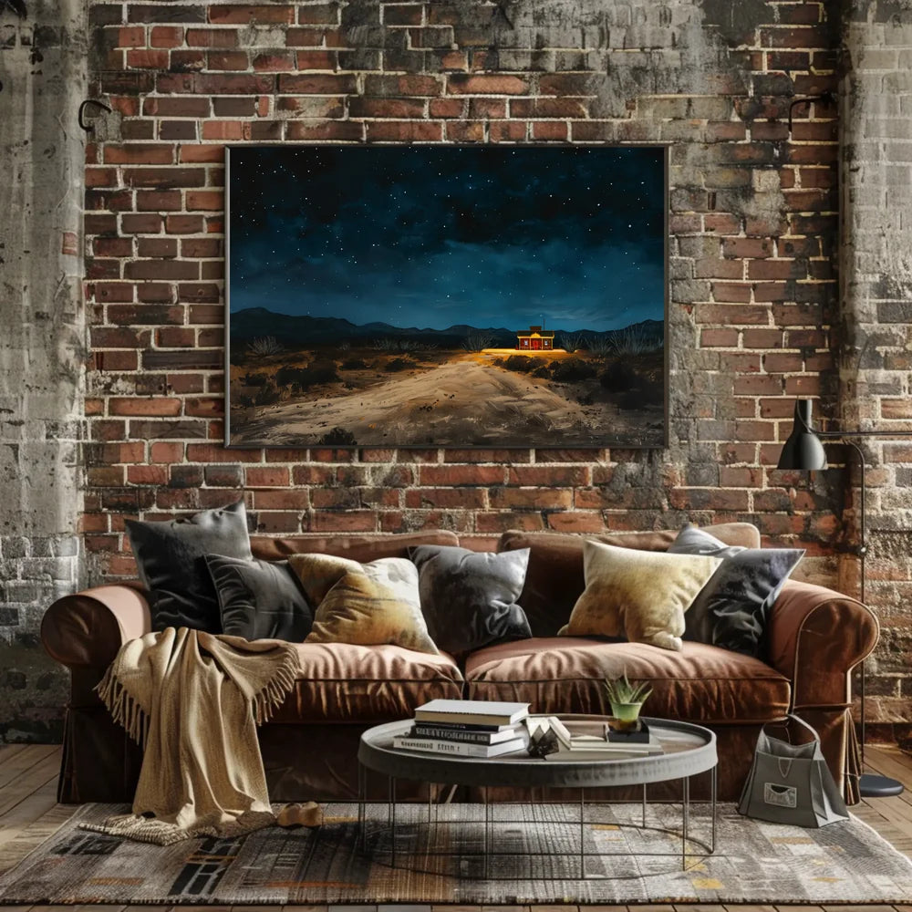 Desert Night Solitude: Tranquil Cabin Art Poster