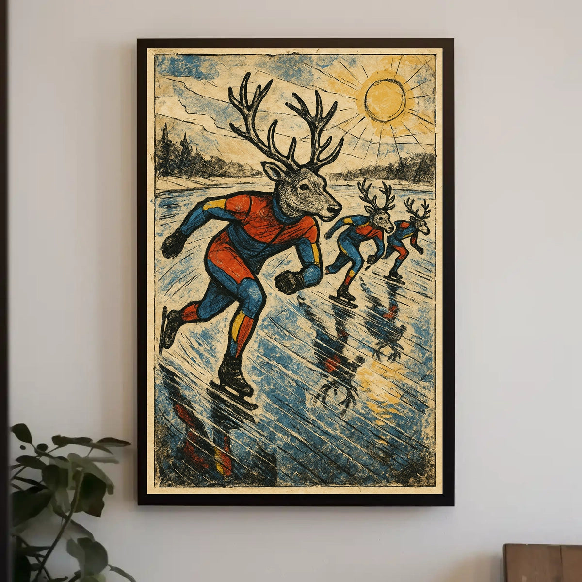 Whimsical Deer Ice Skating Vintage Art Poster
