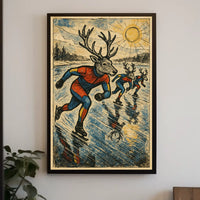 Whimsical Deer Ice Skating Vintage Art Poster