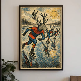 Whimsical Deer Ice Skating Vintage Art Poster
