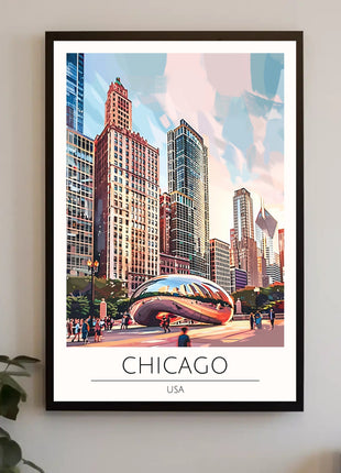 Chicago Skyline Travel Poster with Cloud Gate Landmark