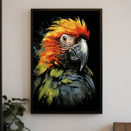 The poster features a striking, stylized illustration of a parrot. The bird is Travel Poster