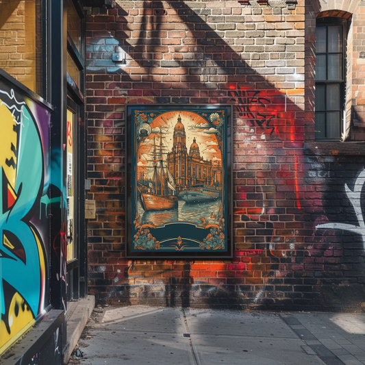 Historic Harbor Ship Architecture Floral Sunset Travel Poster